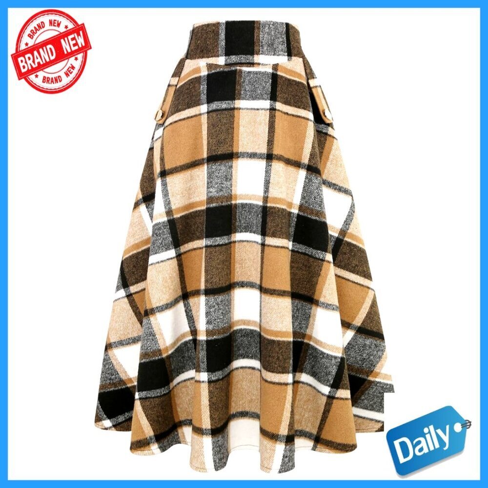 High Waisted Wool Plaid A-Line Maxi Skirt with Side Pocket